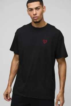 Cheap boohooMAN Oversized Embroidered Broken Heart T-Shirt black