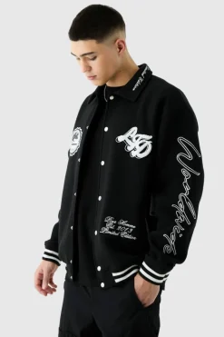 Flash Sale boohooMAN Oversized Embroidered Harrington Jersey Bomber Jacket black