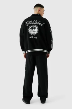 Flash Sale boohooMAN Oversized Embroidered Harrington Jersey Bomber Jacket black