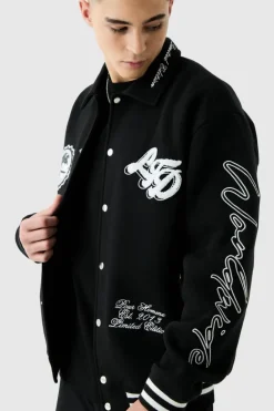 Flash Sale boohooMAN Oversized Embroidered Harrington Jersey Bomber Jacket black