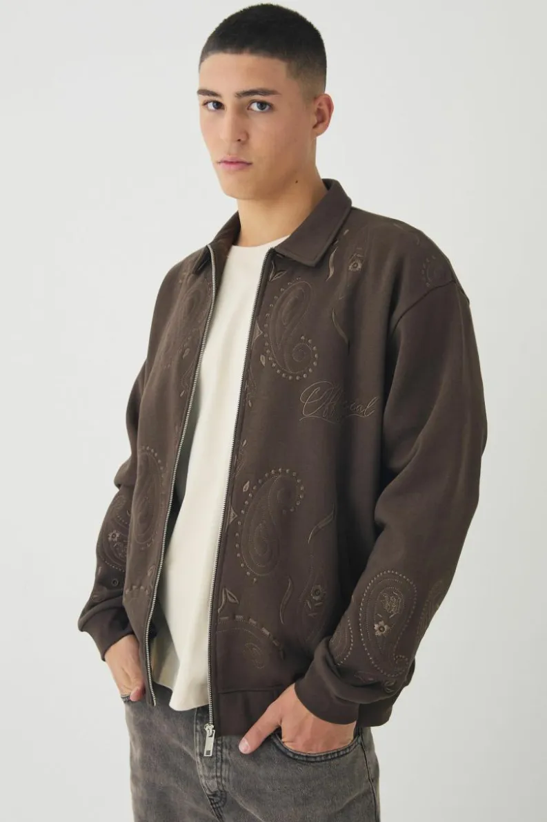 Flash Sale boohooMAN Oversized Embroidered Paisley Harrington Jacket brown