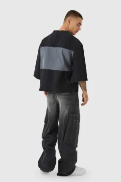 Online boohooMAN Oversized Embroidery Football Denim T-Shirt washed black
