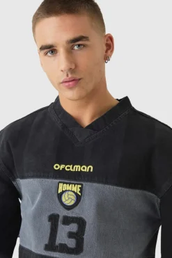 Online boohooMAN Oversized Embroidery Football Denim T-Shirt washed black