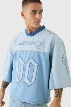 Cheap boohooMAN Oversized Embroidery Football Denim T-Shirt light blue