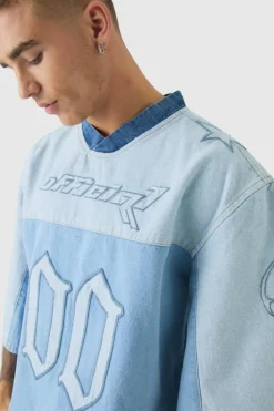 Cheap boohooMAN Oversized Embroidery Football Denim T-Shirt light blue