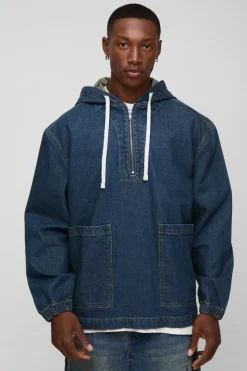 Sale boohooMAN Oversized Extended Drawcord Denim Hoodie mid wash