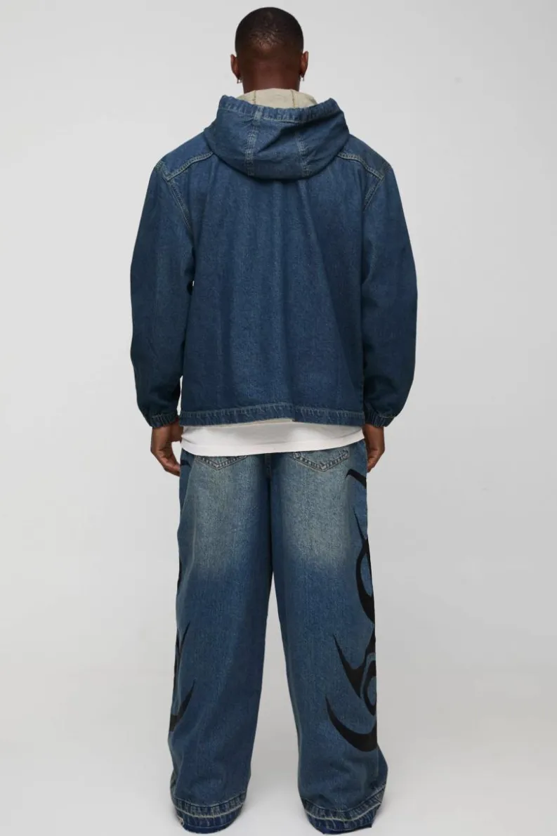 Sale boohooMAN Oversized Extended Drawcord Denim Hoodie mid wash