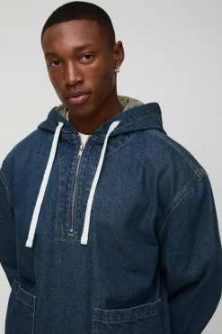 Sale boohooMAN Oversized Extended Drawcord Denim Hoodie mid wash