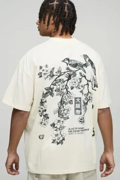 Sale boohooMAN Oversized Extended Neck Blossom Floral Osaka Graphic T-Shirt ecru