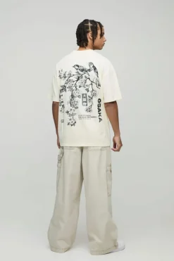 Sale boohooMAN Oversized Extended Neck Blossom Floral Osaka Graphic T-Shirt ecru
