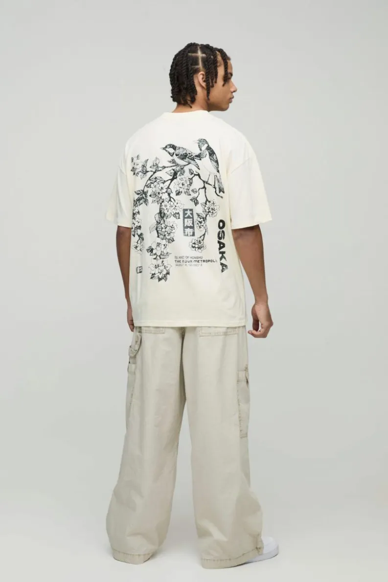 Sale boohooMAN Oversized Extended Neck Blossom Floral Osaka Graphic T-Shirt ecru