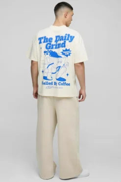 Fashion boohooMAN Oversized Extended Neck Daily Grind Cartoon Graphic T-Shirt ecru