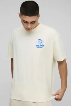 Fashion boohooMAN Oversized Extended Neck Daily Grind Cartoon Graphic T-Shirt ecru