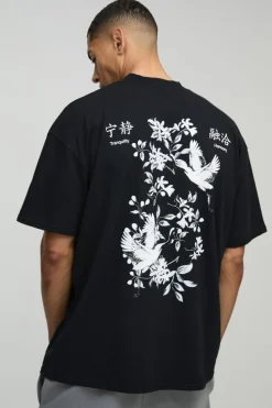 Online boohooMAN Oversized Extended Neck Floral Bird Graphic T-Shirt black