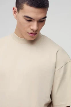 Hot boohooMAN Oversized Extended Neck Heavyweight T-shirt stone