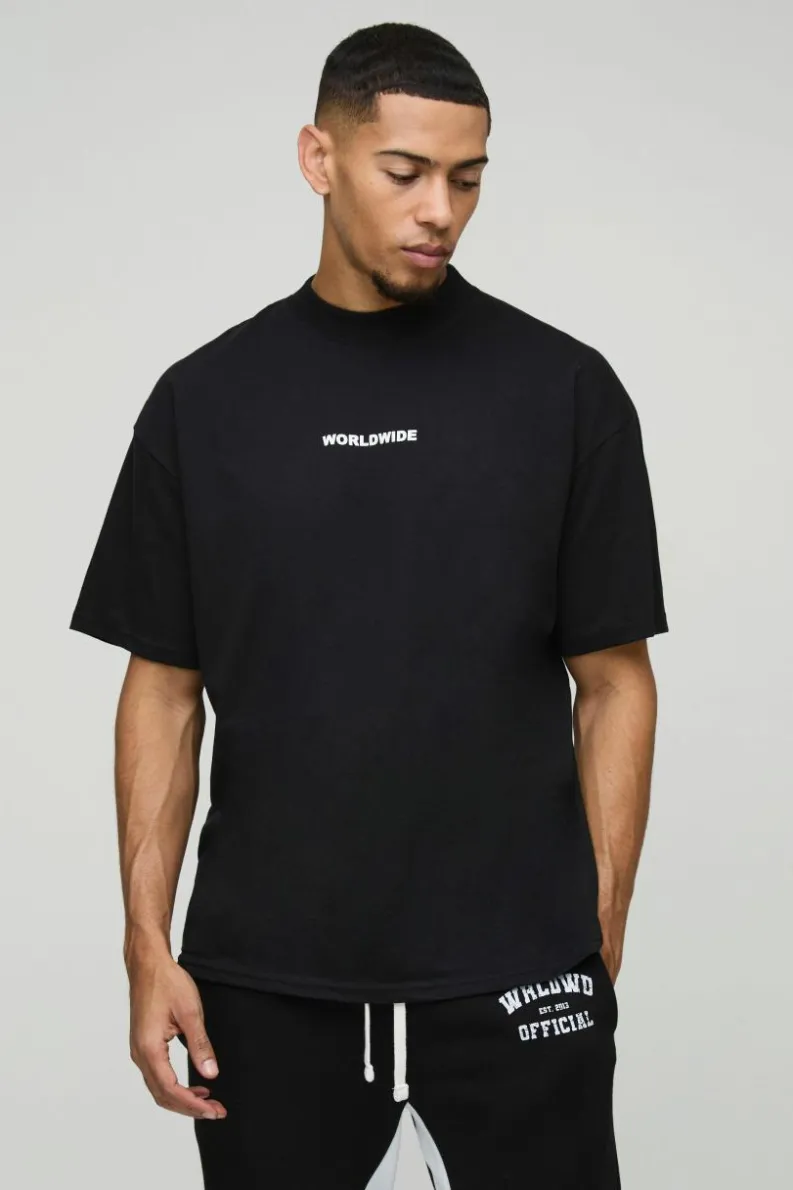 Shop boohooMAN Oversized Extended Neck Homme Lily Graphic T-Shirt black