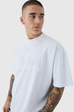 Sale boohooMAN Oversized Extended Neck Limited Edition Embossed T-Shirt white