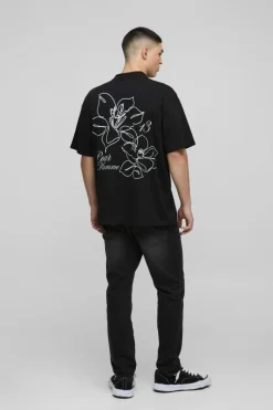 Flash Sale boohooMAN Oversized Extended Neck Line Drawn Floral Print T-Shirt black