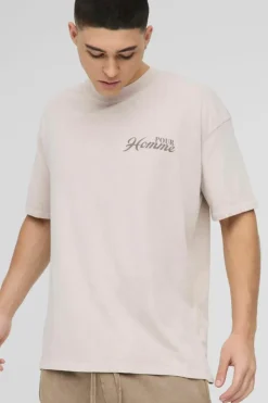 Fashion boohooMAN Oversized Extended Neck Pour Homme Bonsai Tree Washed T-Shirt taupe