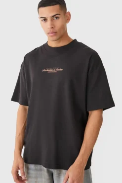Outlet boohooMAN Oversized Extended Neck Printed T-shirt black