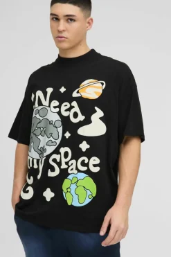 Clearance boohooMAN Oversized Extended Neck Puff Print Space Graphic T-shirt black