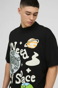 Clearance boohooMAN Oversized Extended Neck Puff Print Space Graphic T-shirt black