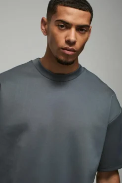 Shop boohooMAN Oversized Extended Neck Scuba T-Shirt slate