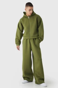 Cheap boohooMAN Oversized Extended Waist Relaxed Fit Scuba Hooded Tracksuit khaki