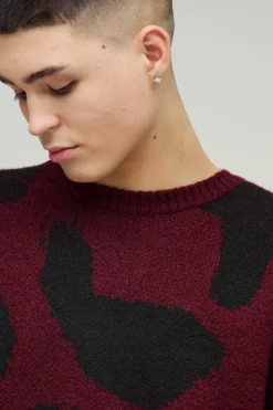 Shop boohooMAN Oversized Eyelash Knit Leopard Print Knitted Jumper burgundy