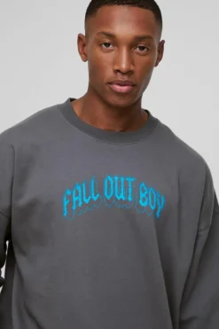 Cheap boohooMAN Oversized Fall Out Boy License Print Sweatshirt charcoal