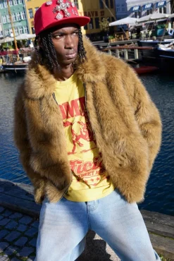Online boohooMAN Oversized Faux Fur Harrington Jacket In brown