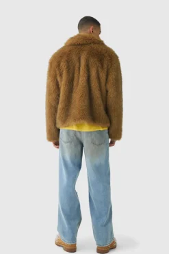 Online boohooMAN Oversized Faux Fur Harrington Jacket In brown
