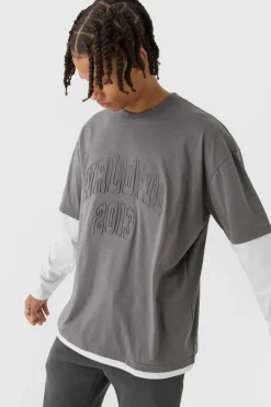 Clearance boohooMAN Oversized Faux Layer Varsity Embossed T-Shirt dark grey