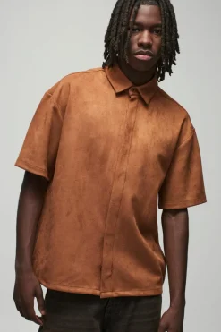 Fashion boohooMAN Oversized Faux Suede Collared Shirt taupe