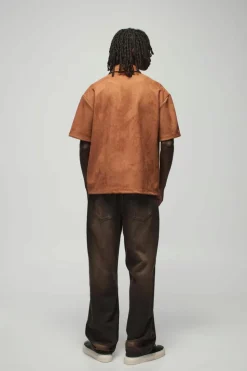 Fashion boohooMAN Oversized Faux Suede Collared Shirt taupe
