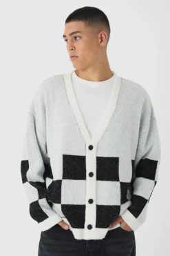Discount boohooMAN Oversized Fisherman Rib Boucle Checkered Knitted Cardigan ecru