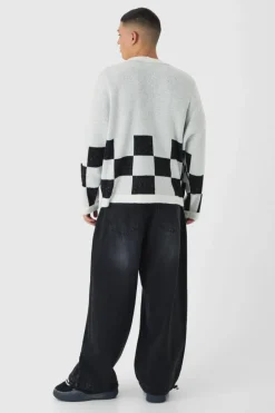 Discount boohooMAN Oversized Fisherman Rib Boucle Checkered Knitted Cardigan ecru