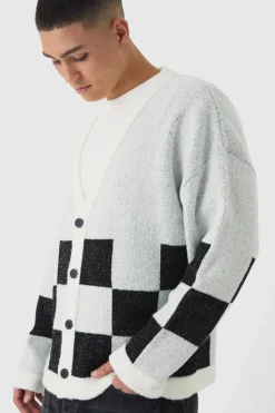 Discount boohooMAN Oversized Fisherman Rib Boucle Checkered Knitted Cardigan ecru