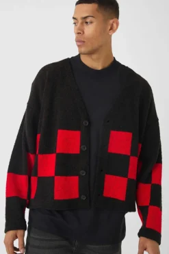 Best boohooMAN Oversized Fisherman Rib Boucle Checkered Knitted Cardigan black