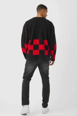 Best boohooMAN Oversized Fisherman Rib Boucle Checkered Knitted Cardigan black
