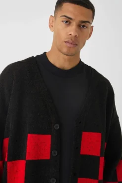 Best boohooMAN Oversized Fisherman Rib Boucle Checkered Knitted Cardigan black