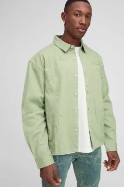 Cheap boohooMAN Oversized Flame Applique Shirt dusty green