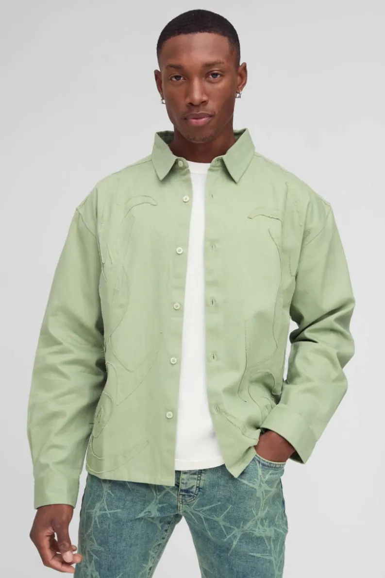 Cheap boohooMAN Oversized Flame Applique Shirt dusty green
