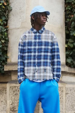 Store boohooMAN Oversized Flannel Check Distressed Collared Shirt blue
