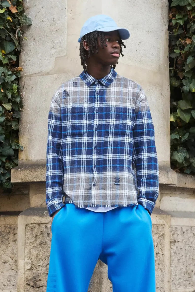 Store boohooMAN Oversized Flannel Check Distressed Collared Shirt blue