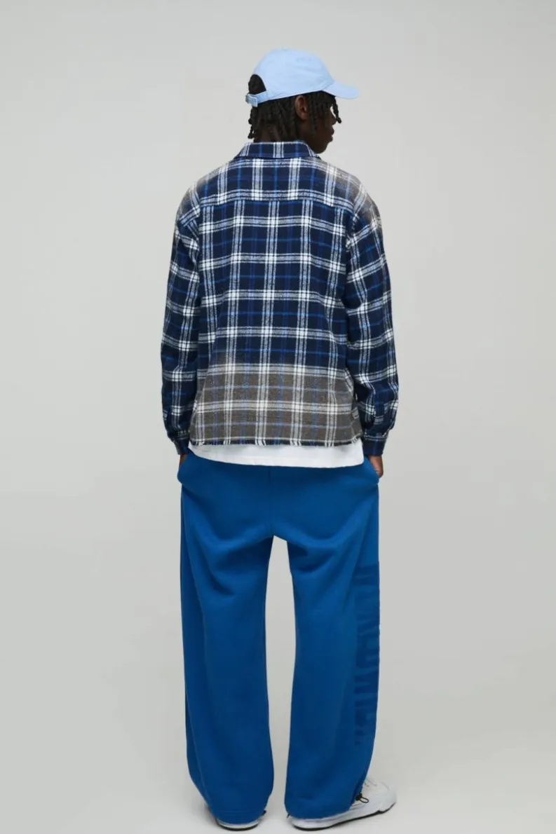 Store boohooMAN Oversized Flannel Check Distressed Collared Shirt blue
