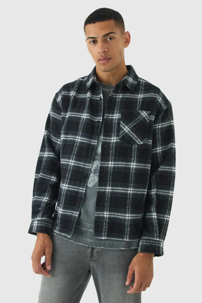 Cheap boohooMAN Oversized Flannel Check Long Sleeve Shirt black