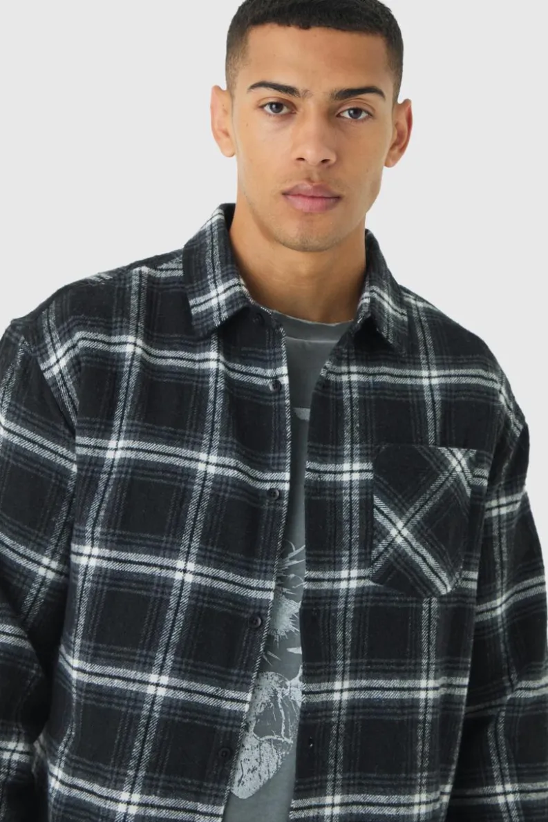 Cheap boohooMAN Oversized Flannel Check Long Sleeve Shirt black