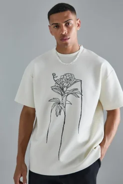 Fashion boohooMAN Oversized Floral Line Drawing Scuba T-shirt ecru