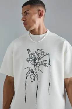Fashion boohooMAN Oversized Floral Line Drawing Scuba T-shirt ecru